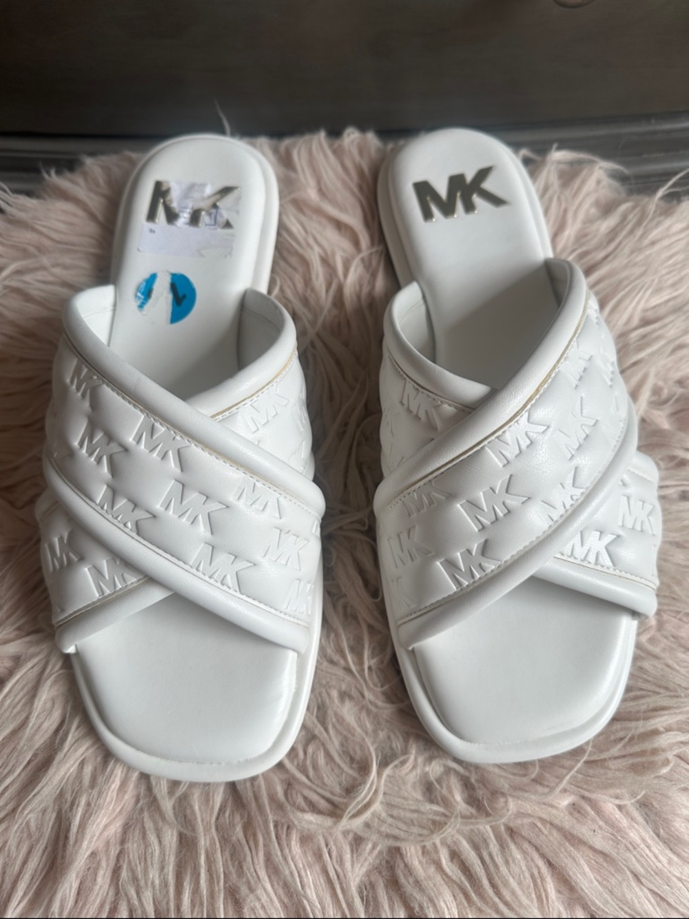Michael Kors White Embossed MK Crossband Slides